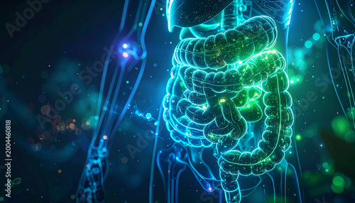 Glowing blue human digestive system healthy intestine colon stomach medical illustration abstract anatomy healthcare science vibrant futuristic digital visualization