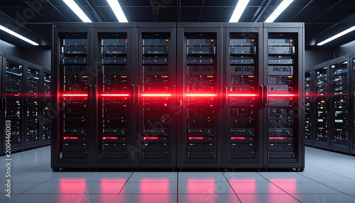 Sleek black server rack data center modern technology glowing red light futuristic network equipment cybersecurity high tech digital infrastructure innovation