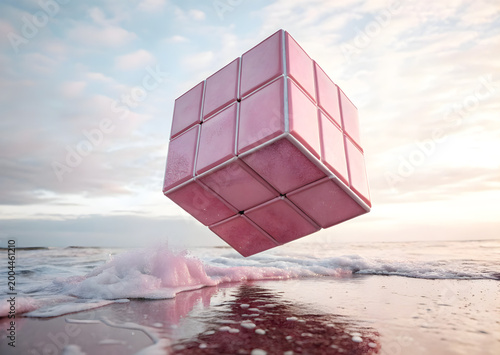 Pink metallic grid cube isolated on transparent background for abstract design