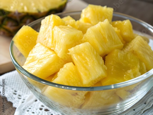 Yellow diced pineapple isolated with real transparent background for healthy branding