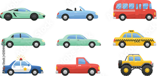 Fotografía Collection of different cars in cartoon style, vector illustration set including