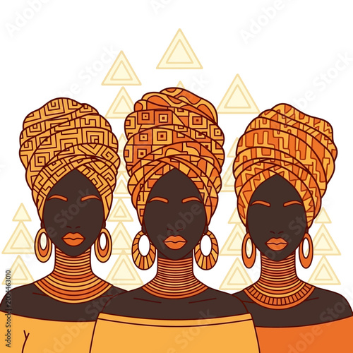 Foto Three African women adorned in vibrant orange and yellow headwraps and traditional jewelry, set against a backdrop of geometric patterns