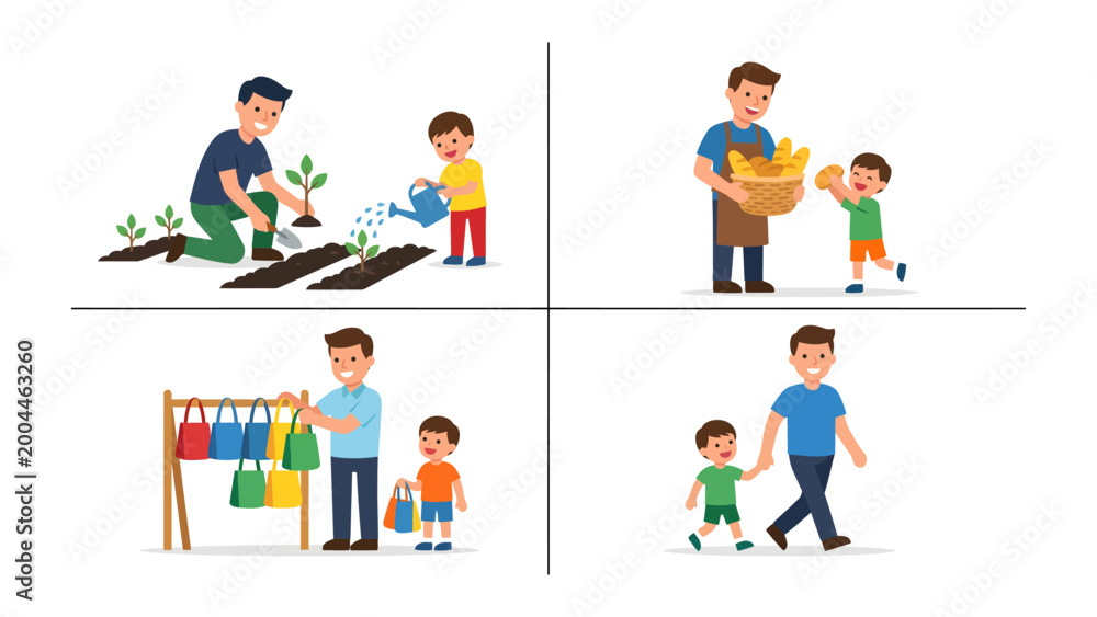Fototapeta premium Father and Child Bond: Capturing tender scenes of a dad and child sharing moments through gardening, shopping, and a simple walk, showcasing the essence of familial love and togetherness.