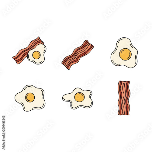 Collection of bacon and eggs with a humorous design, ideal for culinary or breakfast-themed projects and food marketing