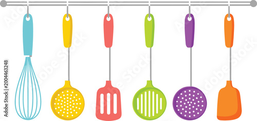 Bild auf Leinwand Colorful kitchen utensils hanging on rail, flat vector illustration set of cooki