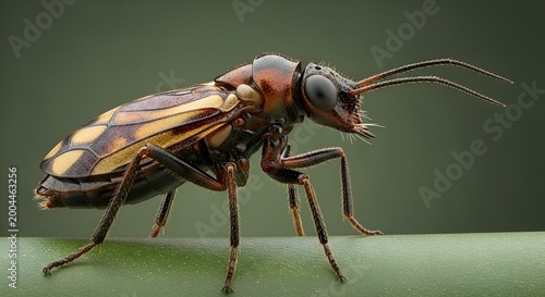 Close-up Macro Shot of a Wasp-like Insect with Striped Wings on a Green Stem
