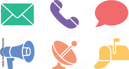 Communication icons set representing mail phone chat megaphone satellite and mailbox with app design