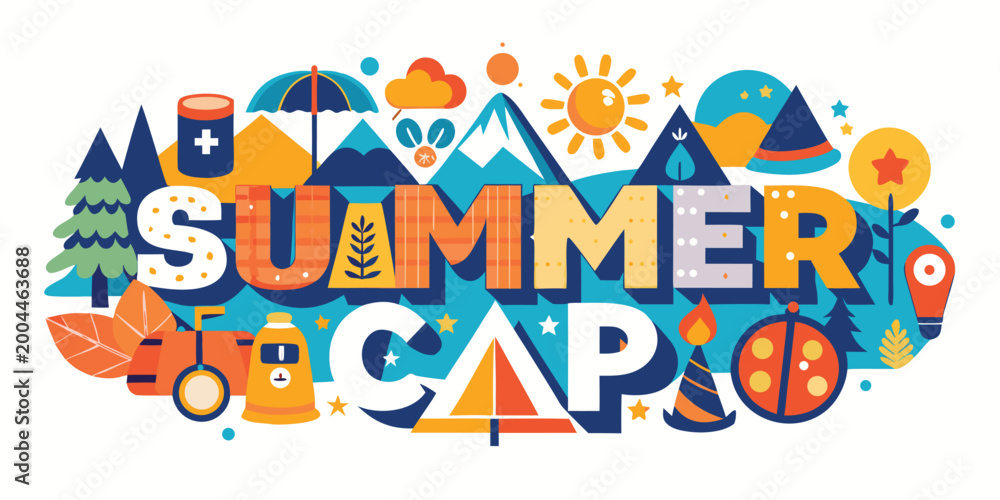 Obraz premium Colorful summer vacation illustration with caps text