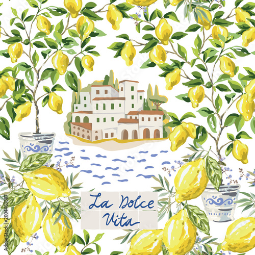 Yellow lemon fruits, lemon trees in the pots, italian coastal town, sea, text La Dolce Vita, white background. Vector illustration. Seamless pattern. Summer trendy design
