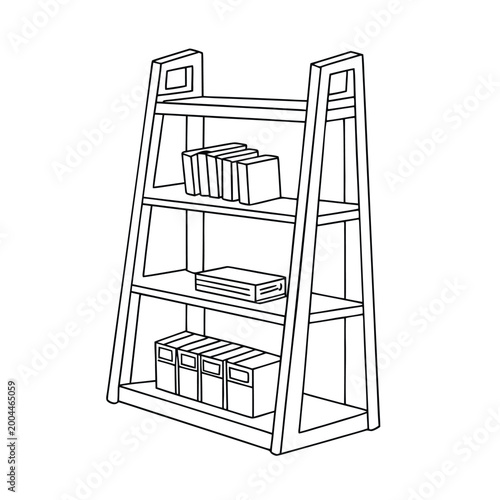 Minimalist vector line drawing of a bookshelf filled with various books.