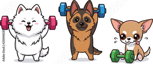 Cute cartoon dogs lifting dumbbells in playful fitness workout scene with adorable puppies exercising isolated on white background