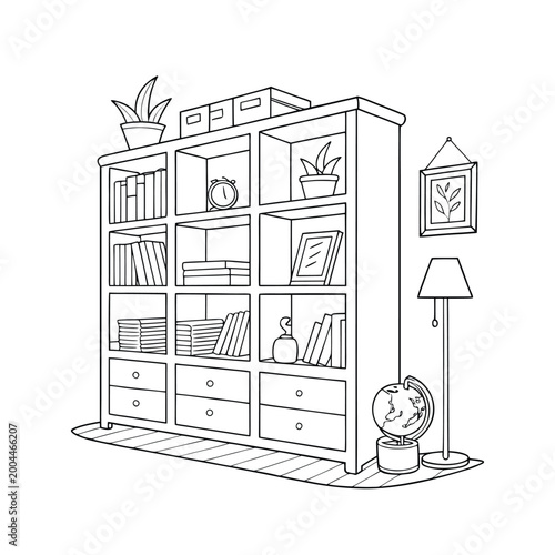 Beautiful Home Bookcase Outline Illustration With Books, Plants, Globe, Lamp and Storage Drawers. Bookshelf Line Illustration suitable for Home Furniture.