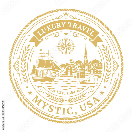 Gold vintage Mystic USA luxury travel nautical seal with tall ship vector illustration