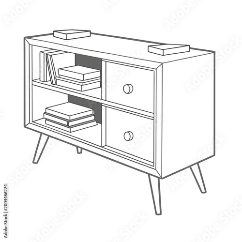 Mid century modern bookshelf with books.  Vector line art illustration of  a mid century modern bookshelf. 