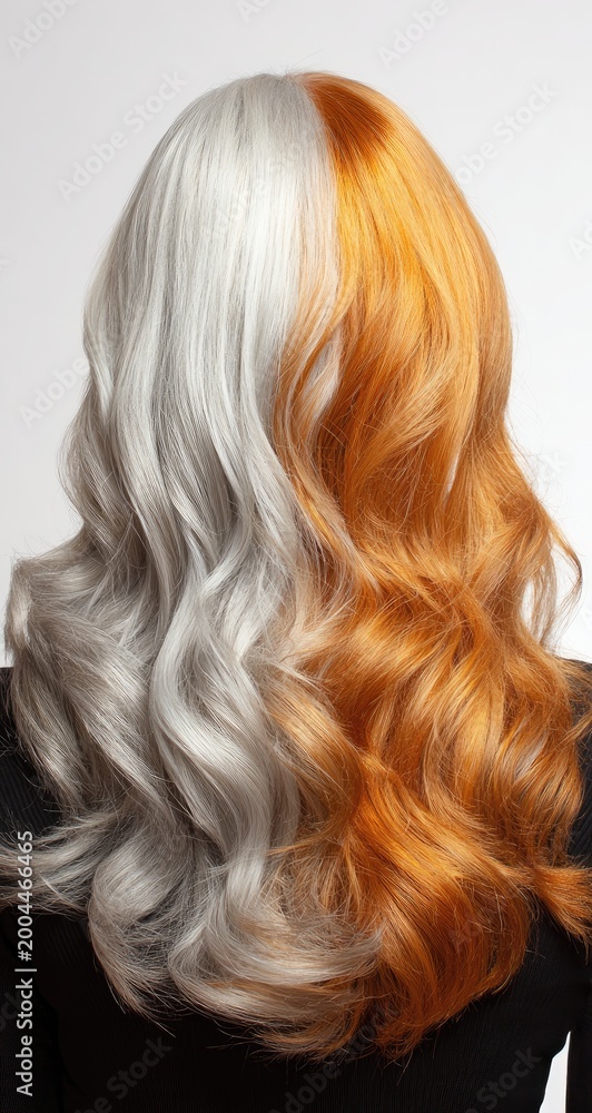 Naklejka premium Woman's back view, half silver, half orange wavy hair against white