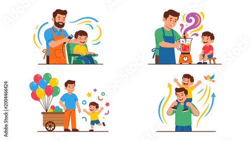Obraz na plátně Family Fun Illustrations: Capturing precious moments, these vibrant illustrations depict a father's playful interactions with his son, celebrating the joy of fatherhood in various scenes