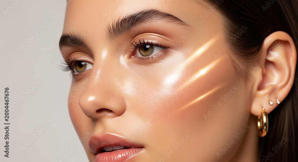Fototapeta premium Close-up portrait of a young woman with luminous, glowing skin, highlighting her facial features with a beautiful makeup application