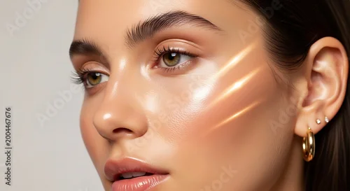Obraz Close-up portrait of a young woman with luminous, glowing skin, highlighting her facial features with a beautiful makeup application