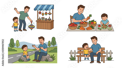 Tablou pe pânză Father-Son Bonding Moments: A compilation of four heartwarming illustrations depicting quality time and diverse activities shared between a father and his son, fostering a strong familial bond