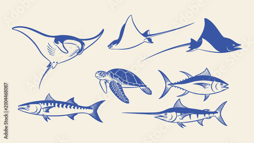 Foto Vector illustration set of marine life including manta ray, sea turtle, tuna, and swordfish