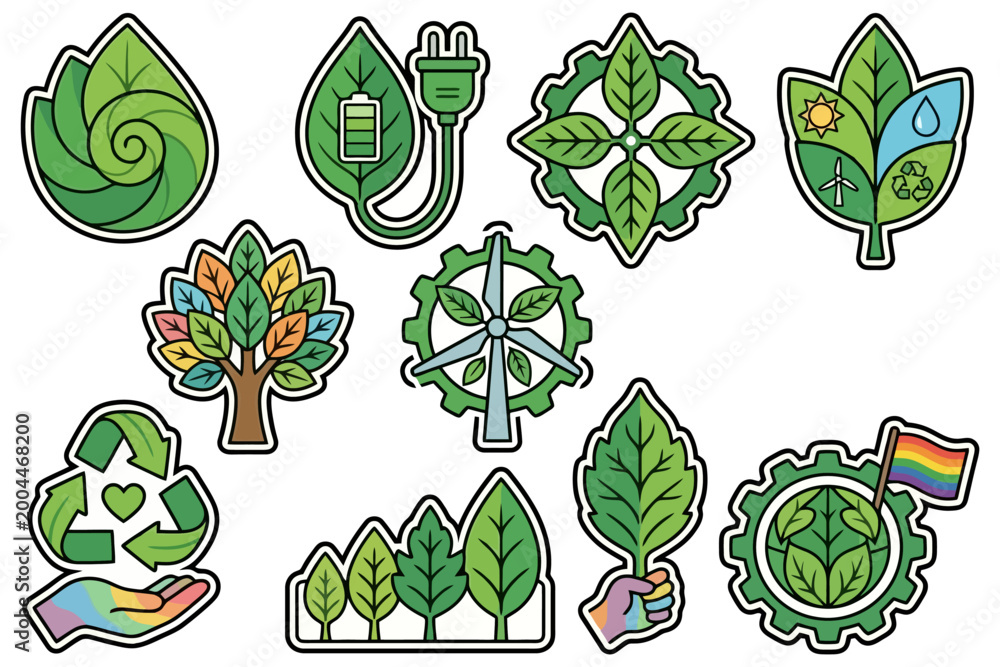 Fototapeta premium Eco-friendly symbols: renewable energy, recycling, nature conservation, sustainability icons.