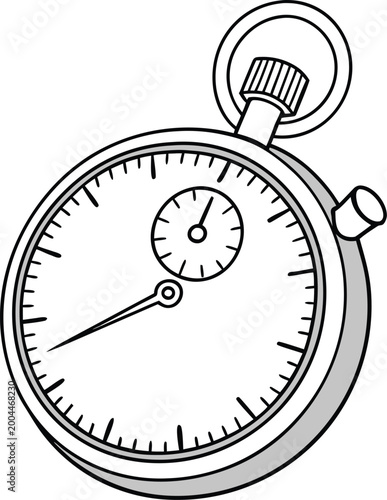 Black and white line art illustration of a classic analog stopwatch with detailed dial and side buttons, angled perspective, clean outline style on plain white background. 