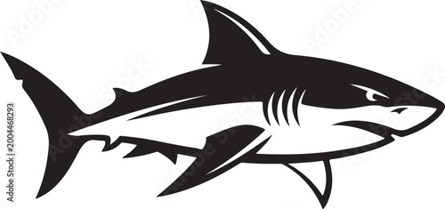 Foto A sleek black and white illustration of a great white shark swimming gracefully