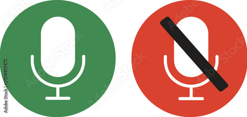 Cuadro en lienzo Microphone and mute microphone icon set audio sound symbol green red vector illu