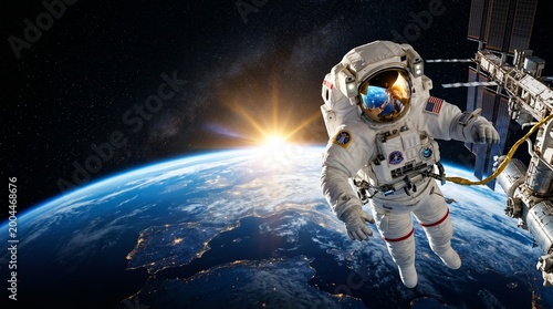 Cinematic Epic View of an Astronaut Spacewalking in Orbit with Earth and Sunrise Reflection in Helmet Visor, National Space Day Concept