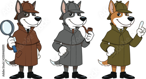 Vászonkép Detective dog character vector set featuring cartoon canine investigator with ma