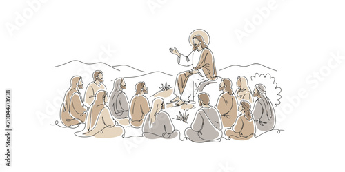 Fotografía Minimalist line illustration of Jesus teaching disciples, soft pastel tones, biblical scene, clean modern style on white background