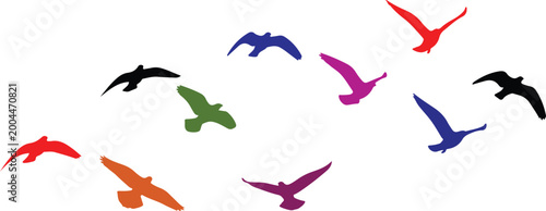 Colorful flock of stylized birds in flight against a plain background