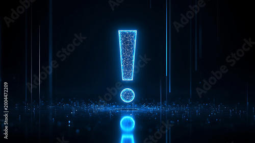 Glowing blue exclamation mark with neon effect on dark background