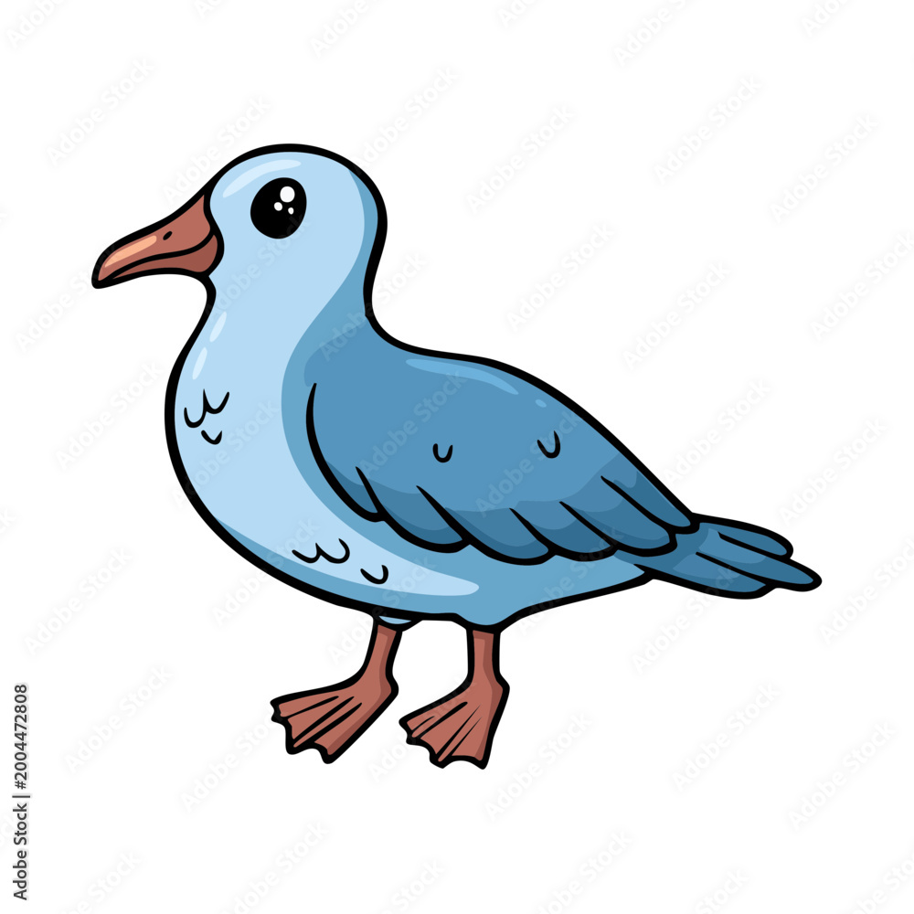 Fototapeta premium Cute cartoon blue bird with big eyes and webbed feet on white background