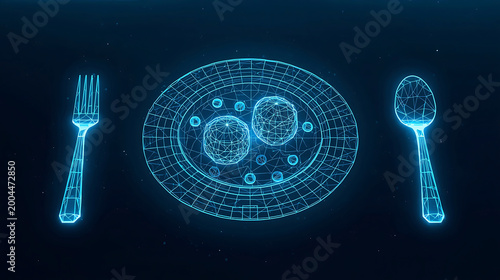 neon blue wireframe plate with food and utensils on dark background