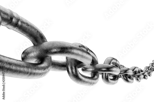 A close-up of the links of a metal chain receding into the distance. A metal chain template for your design. Concept of constraint, censorship, and prohibition. Industrial element. 3D render.
