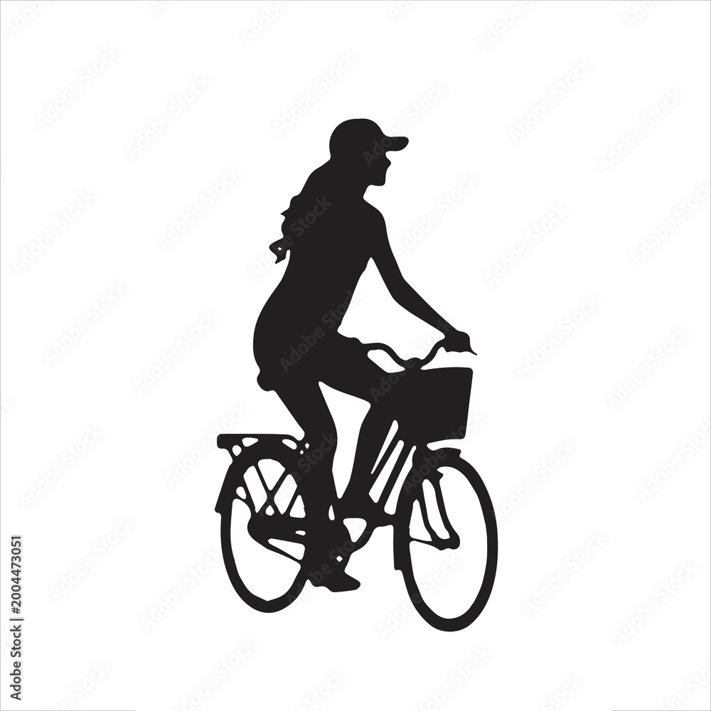 Obraz premium A black vector illustration of a woman cyclist riding a mountain bike silhouette for sports and outdoor activity