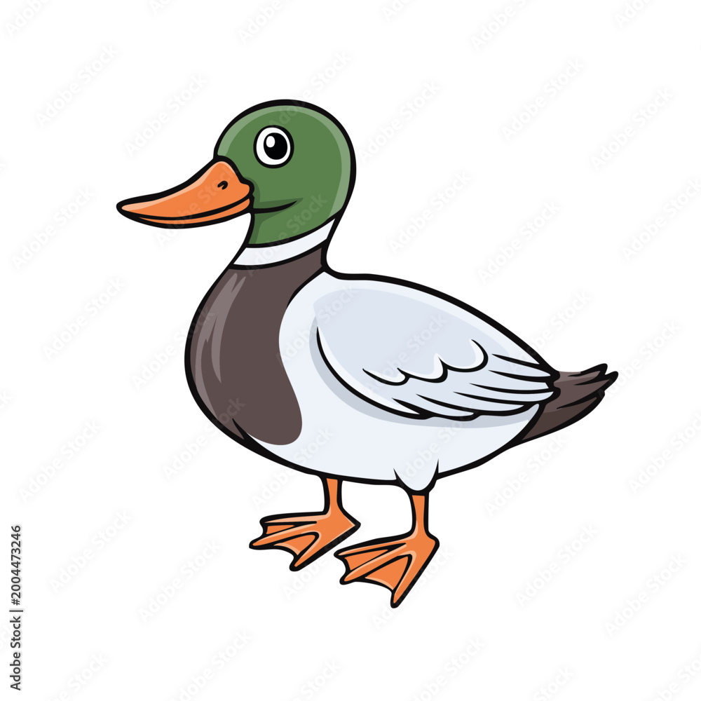 Obraz premium Cartoon Mallard Duck Standing Isolated on White Background Whimsical Bird Illustration