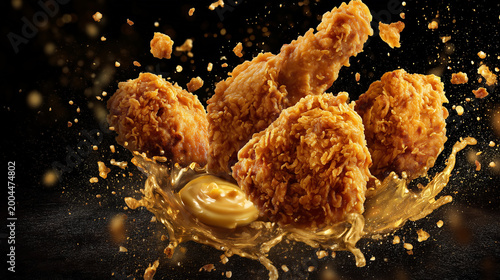 Crispy fried chicken drumsticks with golden crumbs and sauce splash on dark background