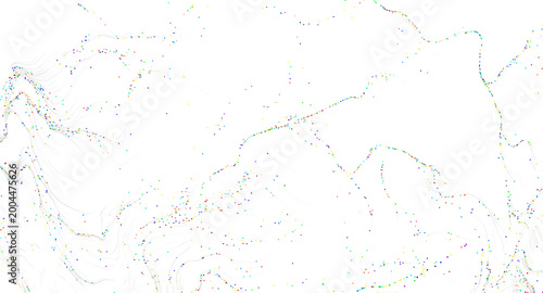Abstract composition with colorful dots and flowing lines on a white background, creating