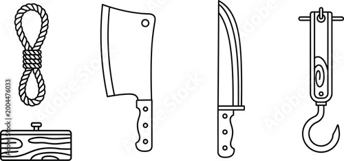 Bilde på lerret Outline Butcher Tools Icon Set with Meat Knife Cleaver Hook and Cutting Board
