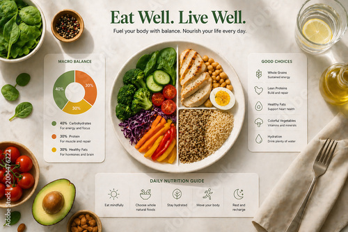 It displays a health and nutrition infographic promoting a balanced diet with whole foods, emphasizing macronutrient ratios and healthy lifestyle habits.