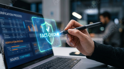 Fact check anti ai slop content on laptop screen with hand holding pen in office
