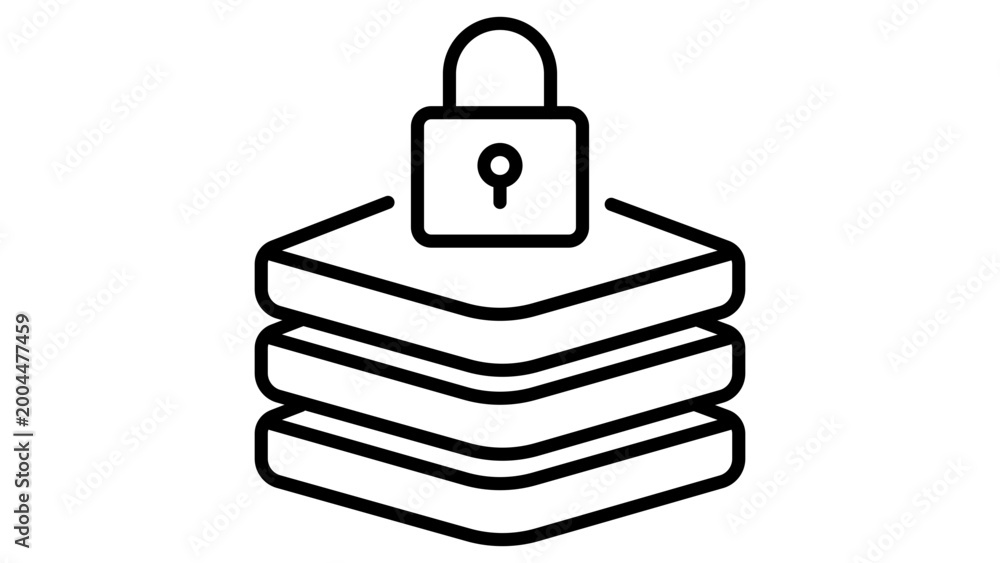 Obraz premium Encryption Layer and Data Security Minimalist Black Line Vector Icon on White Background Representing a Stack of Protected Information with Padlock, Editable Stroke for Customizable Line Weight