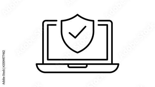Free Download Endpoint Security and Cyber Protection Vector Icon Illustration: A minimalist black line laptop with a shield and checkmark, featuring an editable stroke for adjustable line weight on white. - GFXLoad