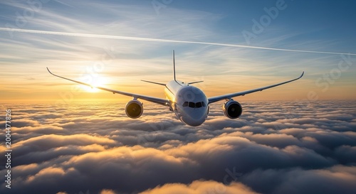 Airplane soaring above clouds during sunrise