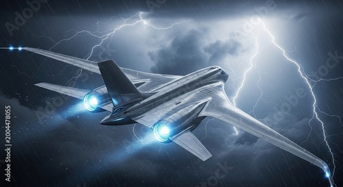 Modern jet aircraft flying through stormy skies with lightning