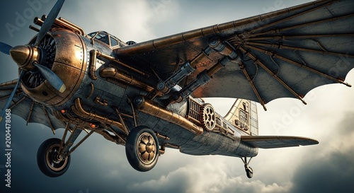 Steampunk airplane illustration against cloudy sky