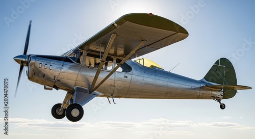 Vintage airplane in flight against blue sky transportation concept