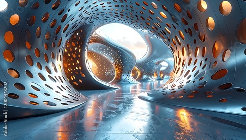 Futuristic silver hall with rounded walls with patterns of circular holes and bright orange lights shining through
